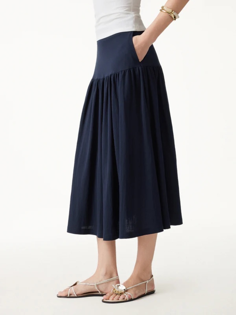 NWT OGL Cotton-Linen Gathered Midi Skirt with Pockets Smoky Navy Blue XS 0 2 $79 - Picture 4 of 9